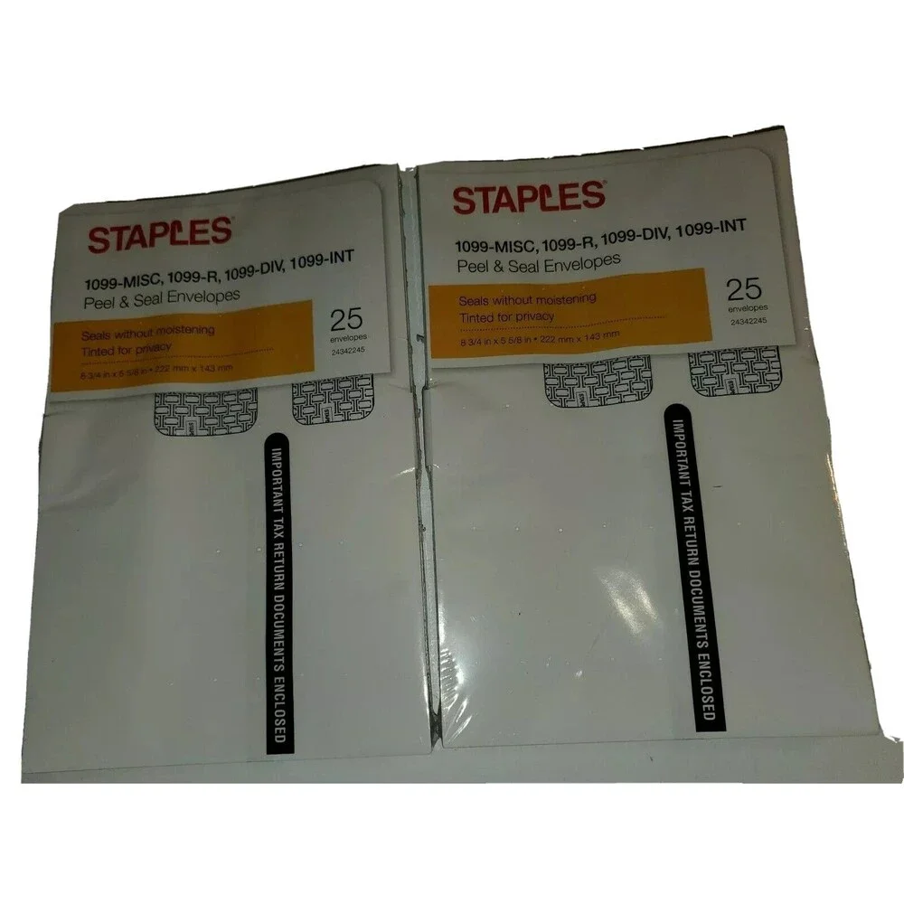 50 Peel & Seal Double Window Envelopes 1099-MISC 1099-R 1099-DIV Tax Staples